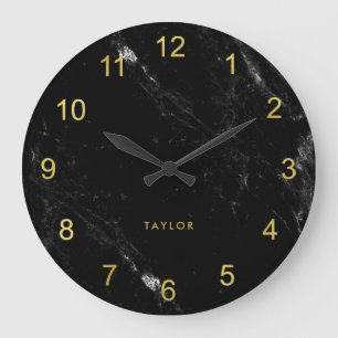Grande Horloge Ronde Glam Faux Gold Look and Black Marble