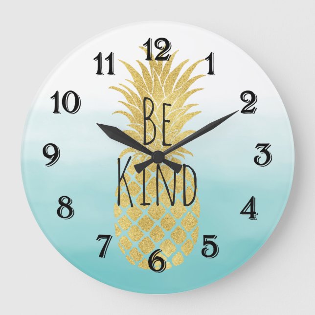 Grande Horloge Ronde Glam Gold Ananas Aqua Aquarelle Ombre (Recto)