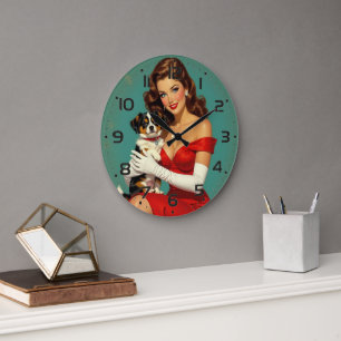 Grande Horloge Ronde Glamor Girl with Dog Art numérique