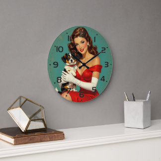 Grande Horloge Ronde Glamor Girl with Dog Art numérique