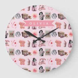 Grande Horloge Ronde Glamour Personnalisé Pin-Up Vieil Hollywood Rétro