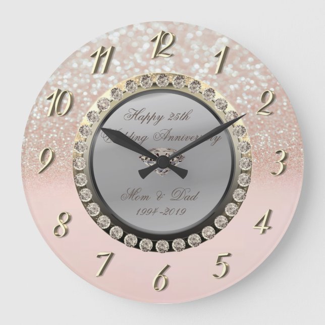 Grande Horloge Ronde Glitter Bokeh Diamants 25e Anniversaire de Mariage (Recto)