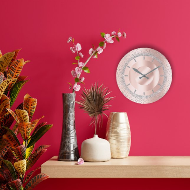 Grande Horloge Ronde Glitter Grey Rose Gold Metal Blush Beauty (Glitter Grey Rose Gold Metal Blush Beauty Lux Large Clock)