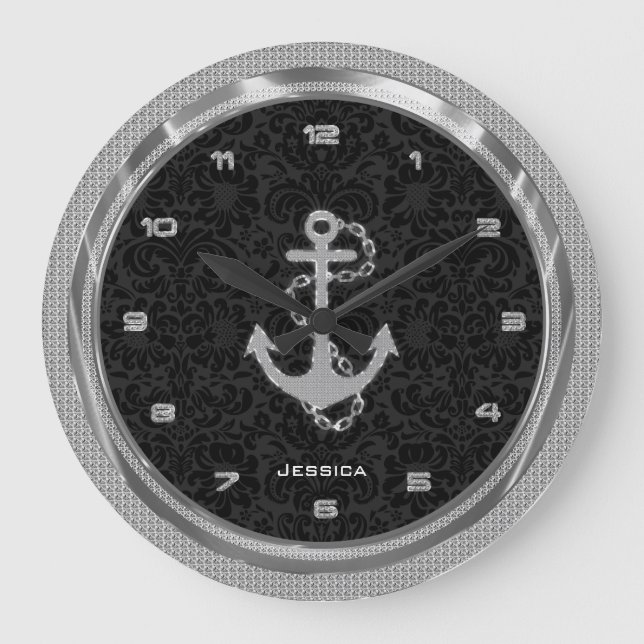 Grande Horloge Ronde Glitter Nautical Anchor noir (Recto)