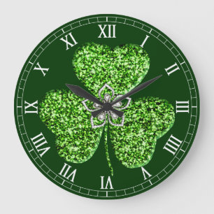 Grande Horloge Ronde Glitter Shamrock And Flower Roman Numeral Clock