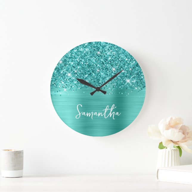 Grande Horloge Ronde Glittery Turquoise Turquoise Glam Blanc Nom du scr (Maison)