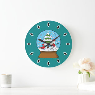 Grande Horloge Ronde Globe de neige avec le cardinal Snowman et Pine Tr