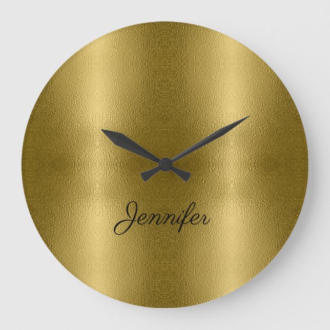 Grande Horloge Ronde Glossy Gold Metal Texture Nom Personnalisé (Recto)