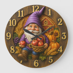 Grande Horloge Ronde Gnome joyeux avec récolte de panier de pommes