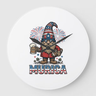 Grande Horloge Ronde Gnome Patriotique Murica Design de Chemise Vintage