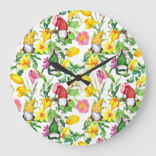 Grande Horloge Ronde gnomes scandinaves : aquarelle fleurie printanière
