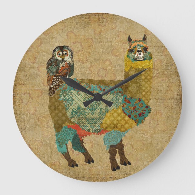 Grande Horloge Ronde Gold Alpaca & Teal Owl Wall Clock (Recto)