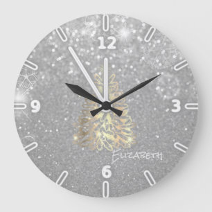 Grande Horloge Ronde Gold Christmas Tree, Silver Glittery