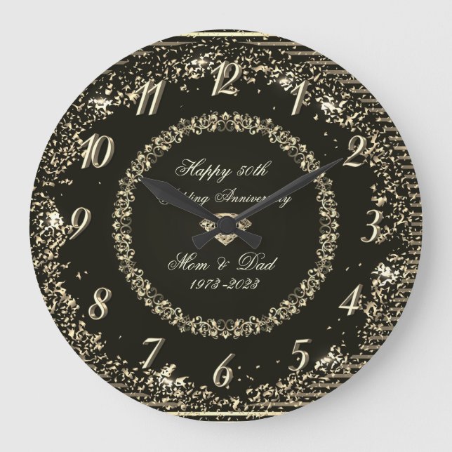 Grande Horloge Ronde Gold Confetti Bandes Black 50 Mariage Anniversaire (Recto)
