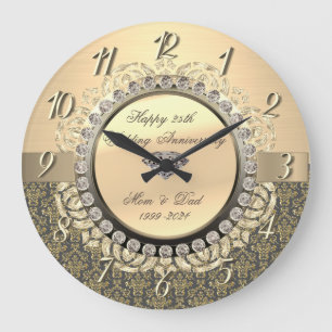 Grande Horloge Ronde Gold Damask Swirls 25e anniversaire Mariage