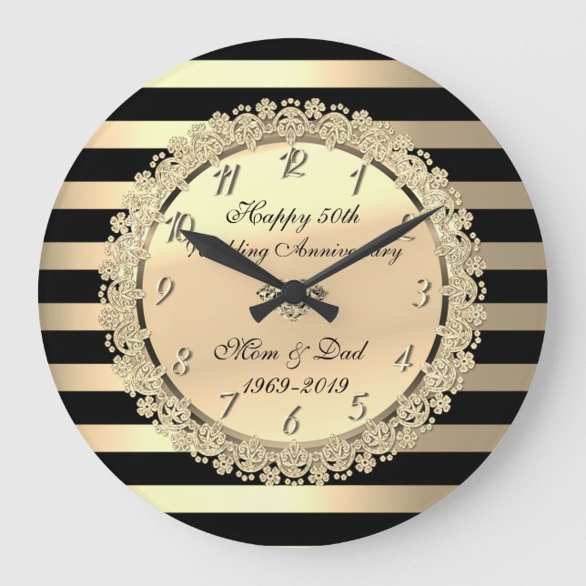 Grande Horloge Ronde Gold Stripes, Fleurs 50e anniversaire Mariage (Recto)