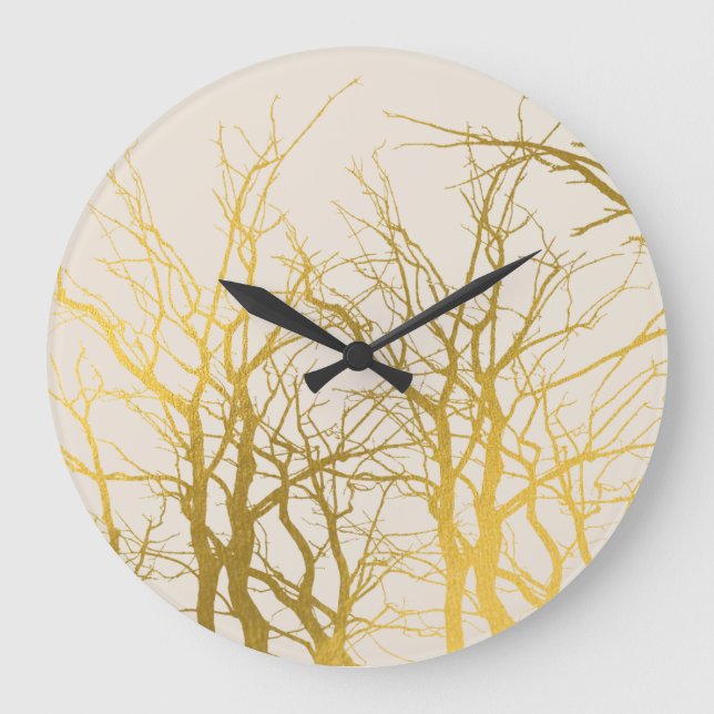 Grande Horloge Ronde Gold Tree Branches Motif Arrière - plan beige (Recto)
