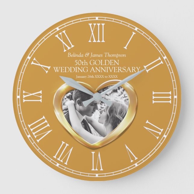 Grande Horloge Ronde Golden 50e anniversaire mariage coeur photo person (Recto)