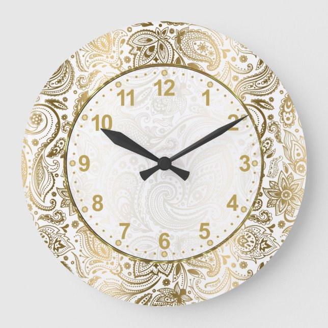 Grande Horloge Ronde Golden and White Floral Paisley Large Clock (Recto)