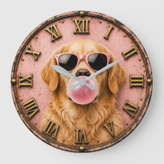 Grande Horloge Ronde Golden Retriever Blowing Pink Bubble Gum