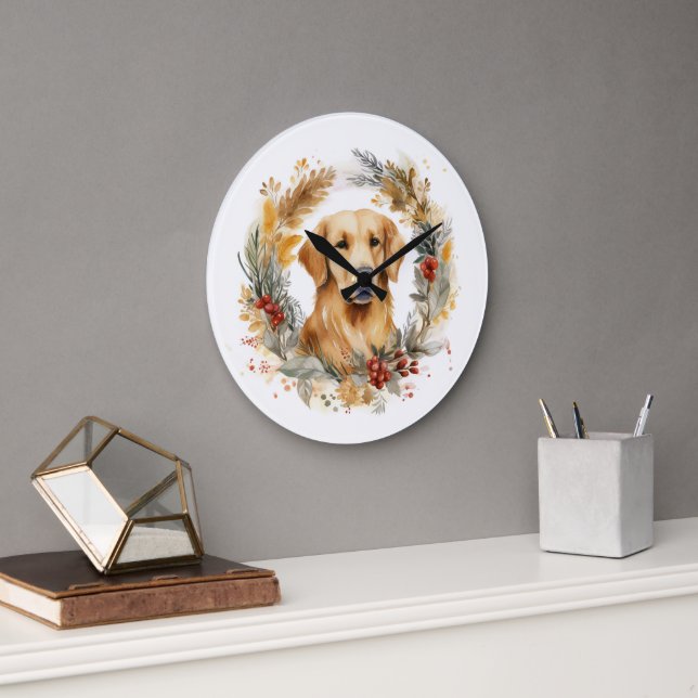Grande Horloge Ronde Golden Retriever Christmas Wreath Festive Pup (Bureau)