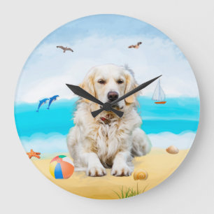 Grande Horloge Ronde Golden Retriever Dog sur la plage