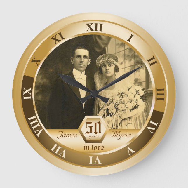 Grande Horloge Ronde Golden Wedding Anniversary Customizable Photo pois (Recto)