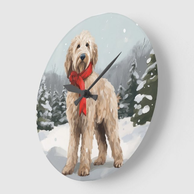 Grande Horloge Ronde Goldendoodle Chien dans Noël de neige (Angle)