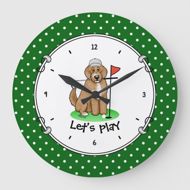 Grande Horloge Ronde Goldendoodle Chien Jouer Golf (rouge whmk2) Plaisi (Recto)