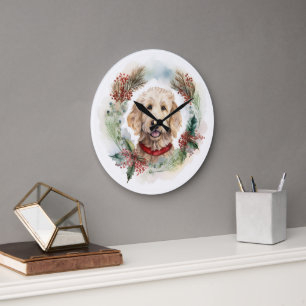 Grande Horloge Ronde Goldendoodle Christmas Wreath Festive Pup