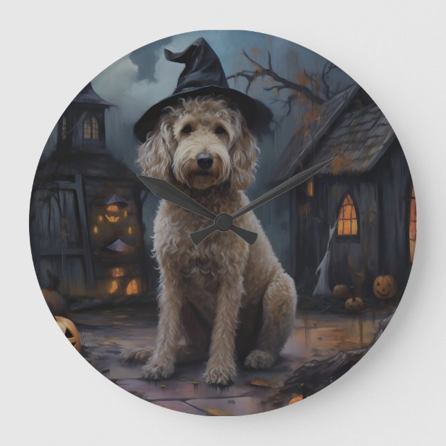 Grande Horloge Ronde Goldendoodle Citrouille Halloween effrayant (Recto)
