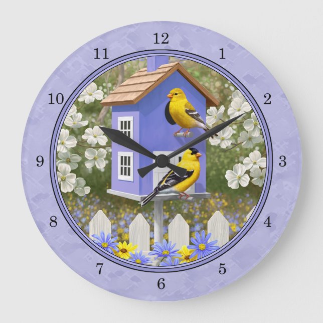 Grande Horloge Ronde Goldfinches & Cute Birdhouse Lavender (Recto)