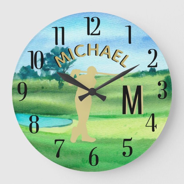 Grande Horloge Ronde Golf Course Nom personnalisé 3-D Monogramme (Recto)