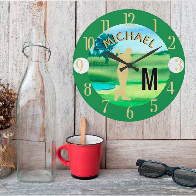 Grande Horloge Ronde Golf Course Nom personnalisé 3-D Monogramme (Créateur téléchargé)