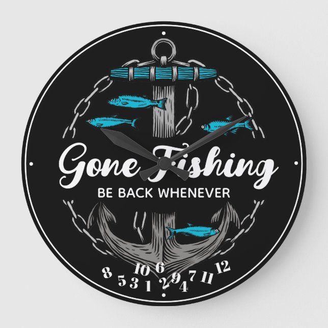 Grande Horloge Ronde Gone Fishing Funny Fallen Numéros Ancre Poisson (Recto)