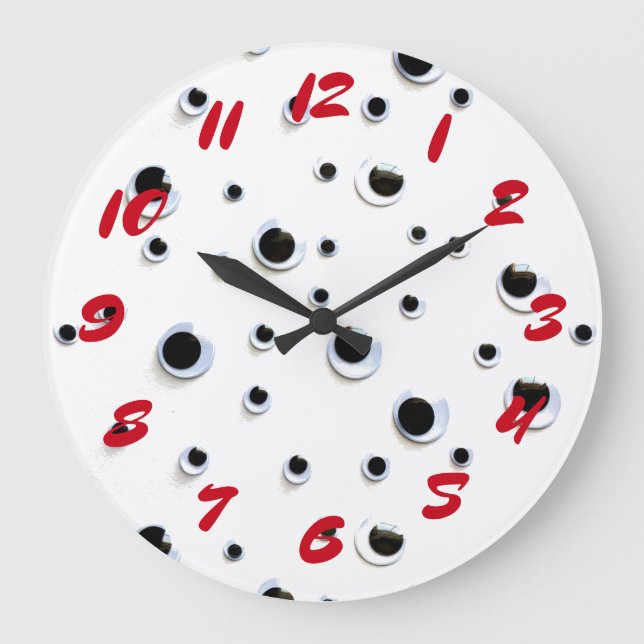Grande Horloge Ronde Googly Eyes Noir et Blanc Rouge Trendy Fun (Recto)