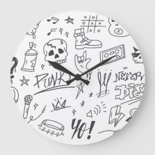 Grande Horloge Ronde Graffiti Doodles : Punk Music Scribble