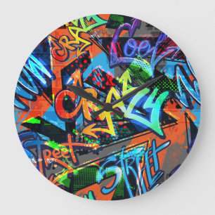 Grande Horloge Ronde Graffiti lumineux, design graphique urbain.