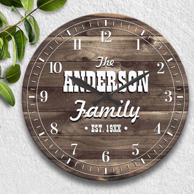 Grande Horloge Ronde Grain en bois foncé Nom de famille personnalisé (Créateur téléchargé)