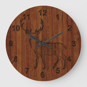 Grande Horloge Ronde Grand cerf effet bois sculpté