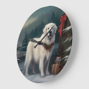 Grande Horloge Ronde Grand Pyrenees Chien dans la neige de Noël
