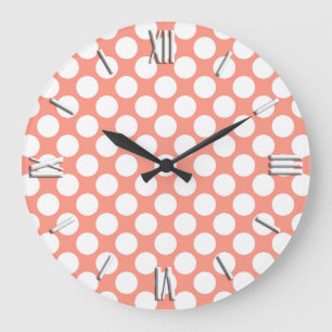 Grande Horloge Ronde Grands points rétro - rose corail et blanc