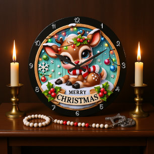 Grande Horloge Ronde Graphique de Noël de joyeux cerfs mignons