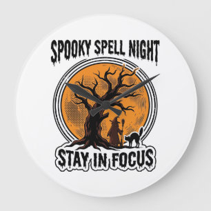 Grande Horloge Ronde Graphisme sorcière d'Halloween vintage et chat noi