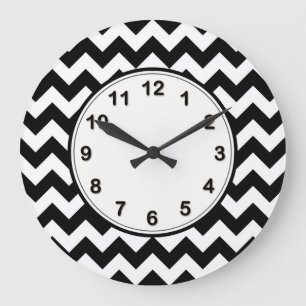Grande Horloge Ronde Gras noir et blanc Chevron Zig Zag Motif