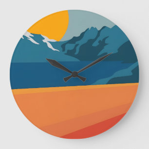 Grande Horloge Ronde Gras Retro Mountain Scene - Rouge et Bleu Minimali