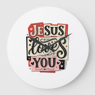 Grande Horloge Ronde Gravure vintage Jésus t'aime Typographie chrétienn