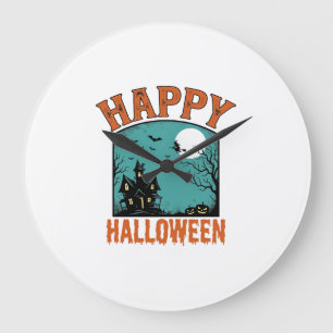 Grande Horloge Ronde Gravure Vintage Joyeux Halloween Maison Hantée Dé