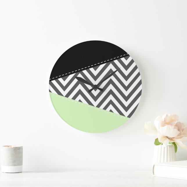 Grande Horloge Ronde Gray Zigzag, Gray Chevron, Zigzag Pattern, Mint (Maison)