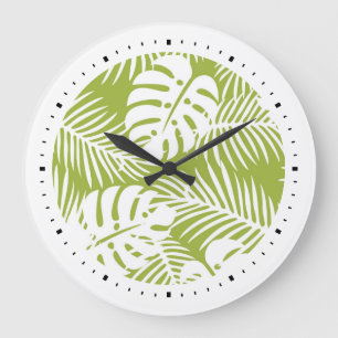 Grande Horloge Ronde Green Palm Feuille Rainforest Motif